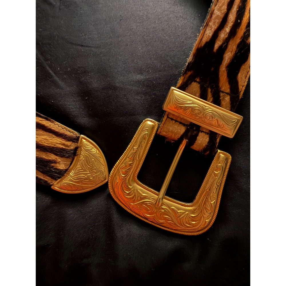Avignon Tiger Print Calf Hair Leather Western Belt Gold Engraved Buckle Size M